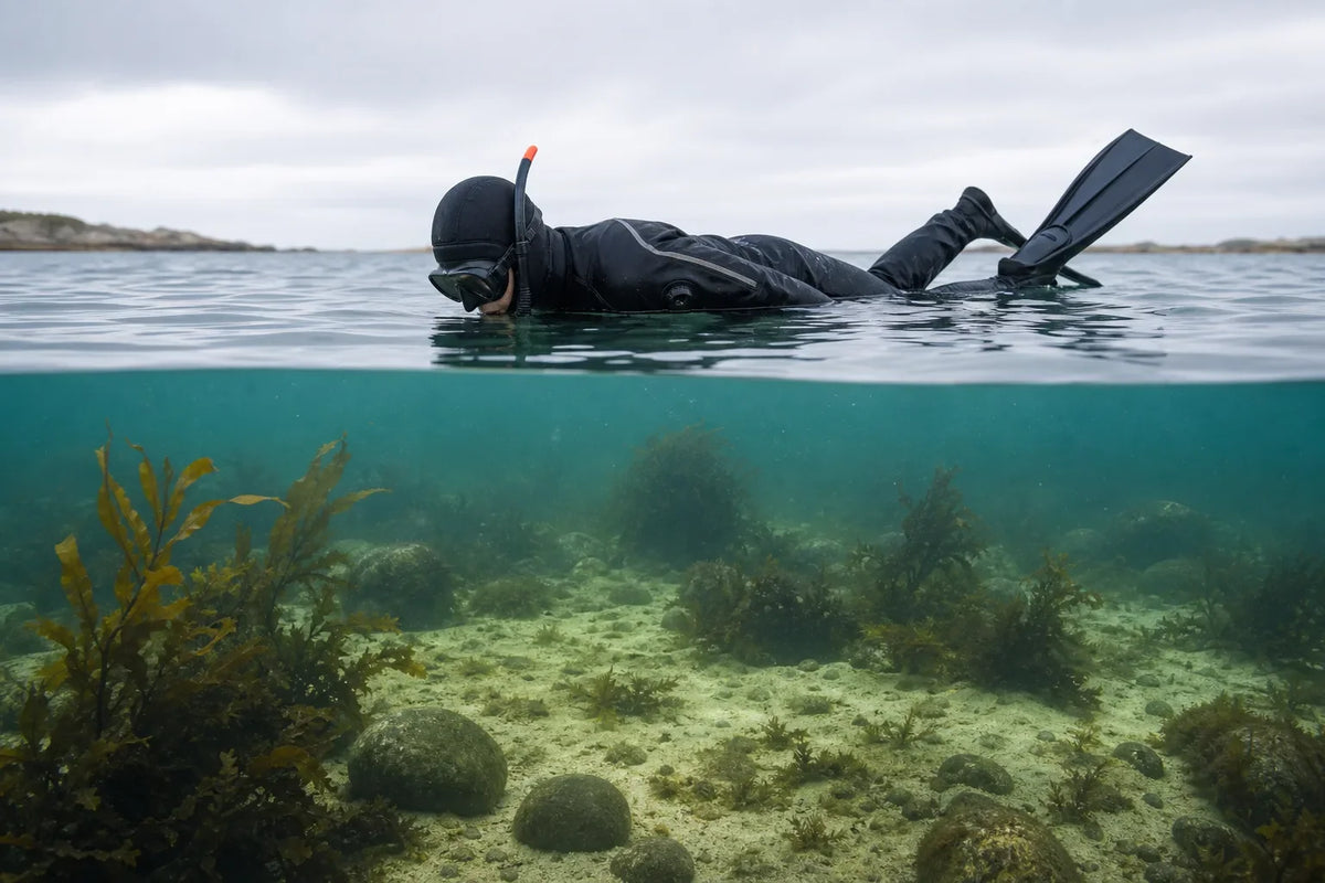 Voksen snorkler med maske, snorkel og finner i dansk farvand.