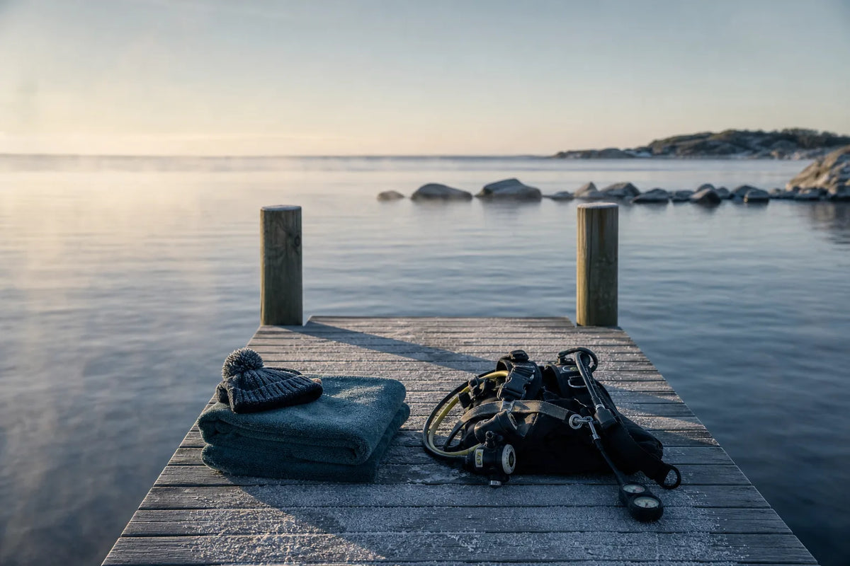 Badebro ud i et roligt nordisk hav en frostklar vintermorgen
